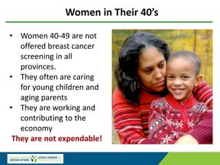 Women in Their 40’s
• Women 40-49 are not
offered breast cancer
screening in all
provinces.
• They often are caring
for young children and
aging parents
• They are working and
contributing to the
economy
They are not expendable!
 