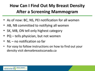 How Can I Find Out My Breast Density
After a Screening Mammogram
• As of now: BC, NS, PEI notification for all women
• AB, NB committed to notifying all women
• SK, MB, ON tell only highest category
• PQ – tells physician, but not women
• NL – no notification so far
• For easy to follow instructions on how to find out your
density visit densebreastscanada.ca
 