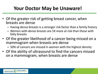 Your Doctor May be Unaware!
• Of the greater risk of getting breast cancer, when
breasts are dense
– Having dense breasts is a stronger risk factor than a family history
– Women with dense breasts are 5X more at risk than those with
fatty breasts
• Of the greater likelihood of a cancer being missed on a
mammogram when breasts are dense
– 50% of cancers are missed in women with the highest density
• Of the ability of ultrasound to find the cancers missed
on a mammogram, when breasts are dense
 