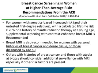 Breast Cancer Screening in Women
at Higher-Than-Average Risk:
Recommendations From the ACR
Monticciolo DL et al. J Am Coll Radiol 2018;15:408-414.
• For women with genetics-based increased risk (and their
untested first-degree relatives), with a calculated lifetime risk
≥ 20% or a history of mantle radiation therapy at a young age,
supplemental screening with contrast-enhanced breast MRI is
Recommended
• Breast MRI is also recommended for women with personal
histories of breast cancer and dense tissue, or those
diagnosed by age 50.
• Others with histories of breast cancer and those with atypia
at biopsy should consider additional surveillance with MRI,
especially if other risk factors are present.
 