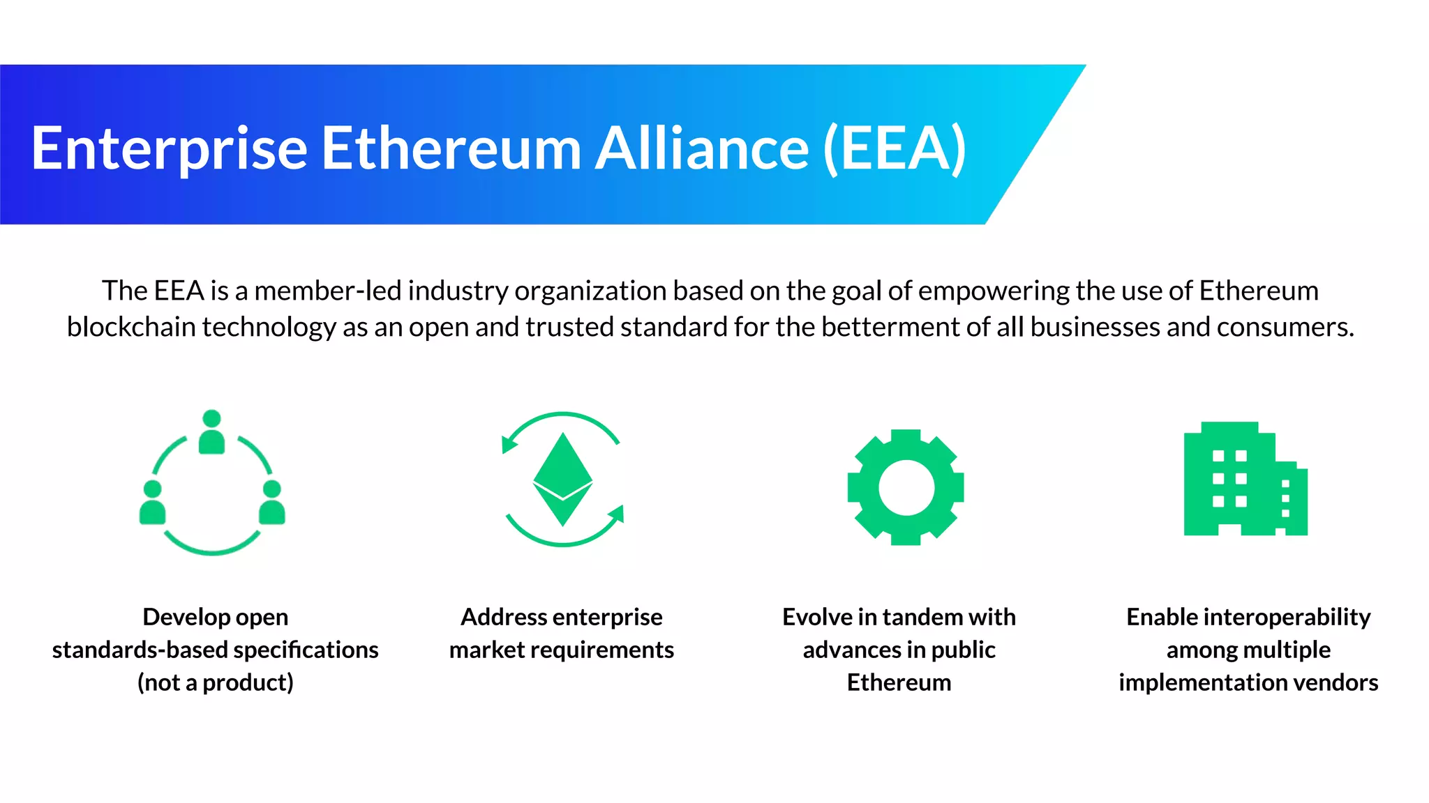 Enterprise Ethereum Alliance (EEA)
The EEA is a member-led industry organization based on the goal of empowering the use of Ethereum
blockchain technology as an open and trusted standard for the betterment of all businesses and consumers.
Develop open
standards-based speciﬁcations
(not a product)
Address enterprise
market requirements
Evolve in tandem with
advances in public
Ethereum
Enable interoperability
among multiple
implementation vendors
 