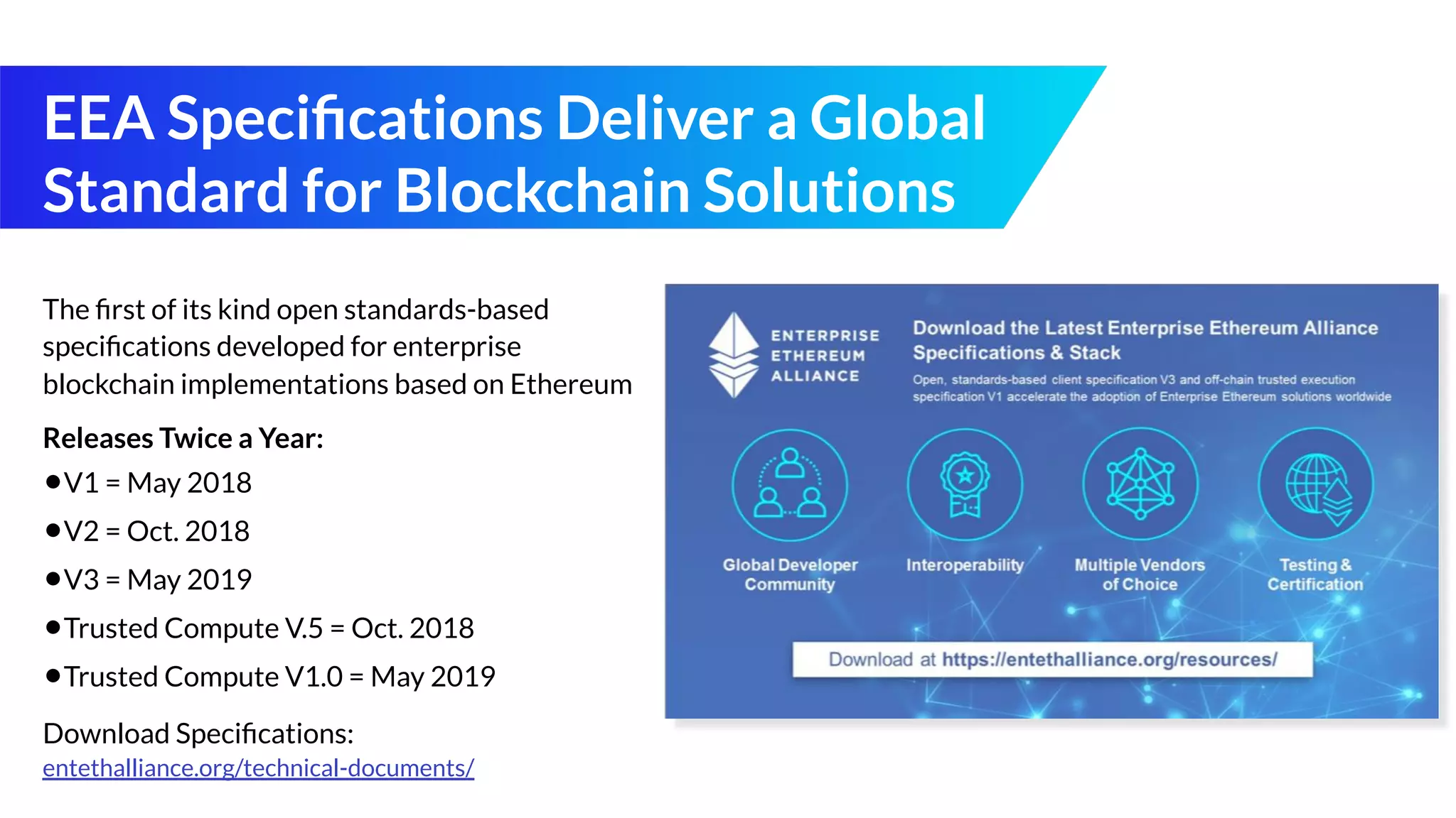 EEA Speciﬁcations Deliver a Global
Standard for Blockchain Solutions
The ﬁrst of its kind open standards-based
speciﬁcations developed for enterprise
blockchain implementations based on Ethereum
Releases Twice a Year:
•V1 = May 2018
•V2 = Oct. 2018
•V3 = May 2019
•Trusted Compute V.5 = Oct. 2018
•Trusted Compute V1.0 = May 2019
Download Speciﬁcations:
entethalliance.org/technical-documents/
 