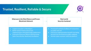 Trusted, Resilient, Reliable & Secure
Ethereum is the Most Mature and Proven
Blockchain Network
Real-world
Security-hardened
● Largest ecosystem of developers
● Battle-tested in both protocol and
implementation with global public deployment
● Enterprise Ethereum Alliance (EEA) growing
faster than all other blockchain foundations
● Processed hundreds of millions of transactions
on public main net
● Enterprise implementations beneﬁt from being
derived from the Ethereum public codebase
● Intrinsic token-economy built into platform
 