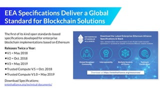 EEA Speciﬁcations Deliver a Global
Standard for Blockchain Solutions
The ﬁrst of its kind open standards-based
speciﬁcations developed for enterprise
blockchain implementations based on Ethereum
Releases Twice a Year:
•V1 = May 2018
•V2 = Oct. 2018
•V3 = May 2019
•Trusted Compute V.5 = Oct. 2018
•Trusted Compute V1.0 = May 2019
Download Speciﬁcations:
entethalliance.org/technical-documents/
 
