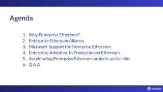 Agenda
1. Why Enterprise Ethereum?
2. Enterprise Ethereum Alliance
3. Microsoft Support for Enterprise Ethereum
4. Enterprise Adoption: In Production on Ethereum
5. Accelerating Enterprise Ethereum projects on Kaleido
6. Q & A
 