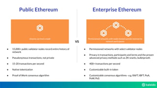 Public Ethereum Enterprise Ethereum
Anyone can host a node Permissioned networks with nodes hosted outside mainnet by
network participantsVS
● 15,000+ public validator nodes record entire history of
network
● Pseudonymous transactions, not private
● 15-20 transactions per second
● Native tokenization
● Proof of Work consensus algorithm
● Permissioned networks with select validator nodes
● Privacy in transactions, participants and terms and the proven
advanced privacy methods such as ZK-snarks, bulletproofs
● 400+ transactions per second
● Customizable built-in token
● Customizable consensus algorithms - e.g. RAFT, IBFT, PoA,
PoW, PoS
 