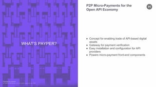 P2P Micro-Payments for the
Open API Economy
● Concept for enabling trade of API-based digital
assets
● Gateway for payment verification
● Easy installation and configuration for API
providers
● Powers micro-payment front-end components
WHAT’S PAYPER?
 