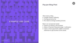 Pay-per Blog Post
Alice owns a blog
● Installs Payper Gateway
● Configures price list
● No need to change existing servers
Bob is an occasional reader
● Opens an article in the browser
● Sees a Payment Required page / notification
● Uses a micro-payments wallet or browser
extension to get access to the article
EXAMPLE USE CASE
 