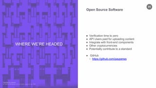 ● Verification time to zero
● API Users paid for uploading content
● Integrate with front-end components
● Other cryptocurrencies
● Potentially contribute to a standard
● GitHub
○ https://github.com/payperws
Open Source Software
WHERE WE’RE HEADED
 