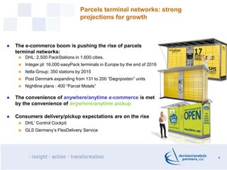 Parcels terminal networks: strong
projections for growth
4
 The e-commerce boom is pushing the rise of parcels
terminal n...