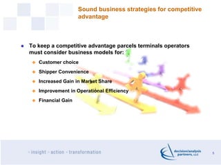 Sound business strategies for competitive
advantage
5
 To keep a competitive advantage parcels terminals operators
must c...