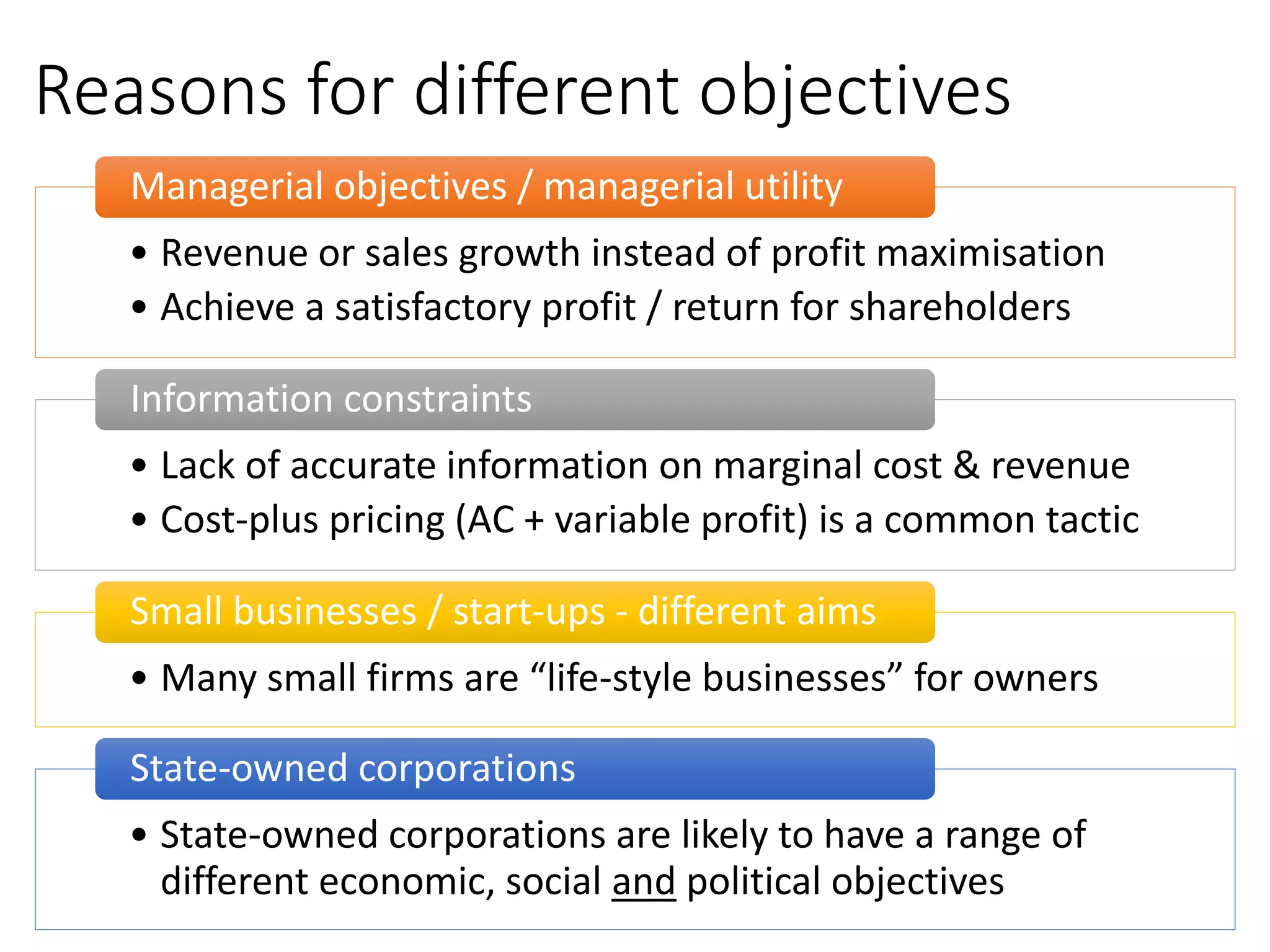 Reasons for different objectives
• Revenue or sales growth instead of profit maximisation
• Achieve a satisfactory profit / return for shareholders
Managerial objectives / managerial utility
• Lack of accurate information on marginal cost & revenue
• Cost-plus pricing (AC + variable profit) is a common tactic
Information constraints
• Many small firms are “life-style businesses” for owners
Small businesses / start-ups - different aims
• State-owned corporations are likely to have a range of
different economic, social and political objectives
State-owned corporations
 