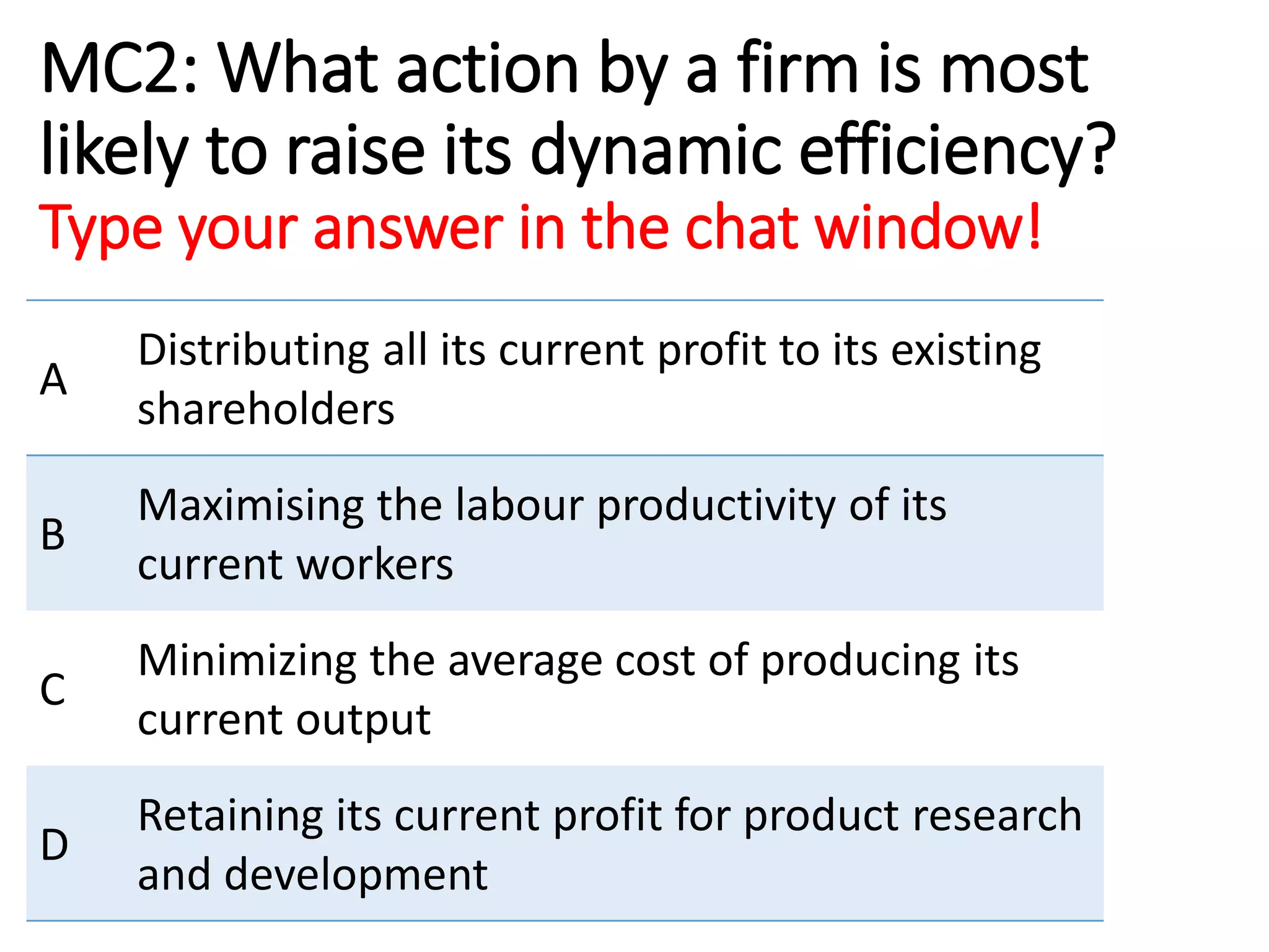 MC2: What action by a firm is most
likely to raise its dynamic efficiency?
Type your answer in the chat window!
A
Distributing all its current profit to its existing
shareholders
B
Maximising the labour productivity of its
current workers
C
Minimizing the average cost of producing its
current output
D
Retaining its current profit for product research
and development
 