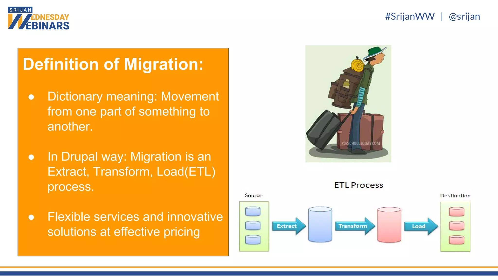#SrijanWW | @srijan
Definition of Migration:
● Dictionary meaning: Movement
from one part of something to
another.
● In Drupal way: Migration is an
Extract, Transform, Load(ETL)
process.
● Flexible services and innovative
solutions at effective pricing
 
