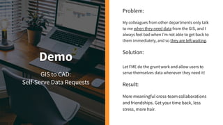 Demo
GIS to CAD:
Self-Serve Data Requests
Problem:
My colleagues from other departments only talk
to me when they need data from the GIS, and I
always feel bad when I’m not able to get back to
them immediately, and so they are left waiting.
Solution:
Let FME do the grunt work and allow users to
serve themselves data whenever they need it!
Result:
More meaningful cross-team collaborations
and friendships. Get your time back, less
stress, more hair.
 