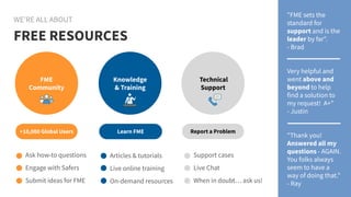 "FME sets the
standard for
support and is the
leader by far".
- Brad
Very helpful and
went above and
beyond to help
find a solution to
my request! A+"
- Justin
"Thank you!
Answered all my
questions - AGAIN.
You folks always
seem to have a
way of doing that."
- Ray
FREE RESOURCES
WE’RE ALL ABOUT
FME
Community
+10,000 Global Users
Knowledge
& Training
Learn FME
Technical
Support
Report a Problem
Support cases
Live Chat
When in doubt… ask us!
Articles & tutorials
Live online training
On-demand resources
Ask how-to questions
Engage with Safers
Submit ideas for FME
 