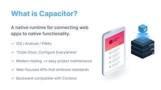 What is Capacitor?
A native runtime for connecting web
apps to native functionality.
✓ iOS / Android / PWAs
✓ “Code Once, ...