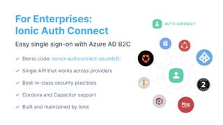 For Enterprises:
Ionic Auth Connect
Easy single sign-on with Azure AD B2C
✓ Demo code: demo-authconnect-azureb2c
✓ Single ...