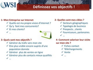 1- Mon Entreprise sur Internet
 Quelle est ma propre vision d’Internet ?
 Qu’y font mes concurrents?
 Et mes clients?
 …
3- Quels sont mes objectifs ?
 Générer du trafic vers mon site
 Etre plus visible encore auprès d’une
population donnée
 Générer plus de ventes en ligne
 Générer plus de contacts mieux qualifiés
 …
2- Quelles sont mes cibles ?
 Secteurs géographiques
 Typologie de business
 Prospects , clients
 Fournisseurs, partenaires
 …
4- Comment valoriser leur visite
sur mon site ?
 Fiches contact
 Téléchargements
 Vente
 …
Définissez vos objectifs !
 
