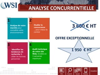 ANALYSE CONCURRENTIELLE
3 600 € HT
OFFRE EXCEPTIONNELLE
1 950 € HT
Analyse de votre
marché pour
connaître votre
environnement
1
Audit technique
de votre site
Web, livrable en
3 semaines
maximum
2
3 4
Etudier la
concurrence
... pour mieux la
contrer
Identifier les
tendances de
recherche &
cibler les bonnes
personnes
 