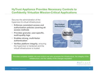 HyTrust Appliance Provides Necessary Controls to
Confidently Virtualize Mission-Critical Applications

Secures the administration of the
hypervisor & virtual infrastructure:
  Enforces consistent access and
   authorization policies covering all
   access methods
  Provides granular, user-specific,
   audit-quality logs
  Enables strong, multi-factor
   authentication
  Verifies platform integrity, ensuring
   the hypervisor is hardened and the
   virtual infrastructure is trusted



   Provides complete visibility into and control over who accesses the infrastructure, the integrity of the
                        infrastructure, and the validity of the changes requested.




© 2012, HyTrust, Inc. www.hytrust.com                                                                         5
 