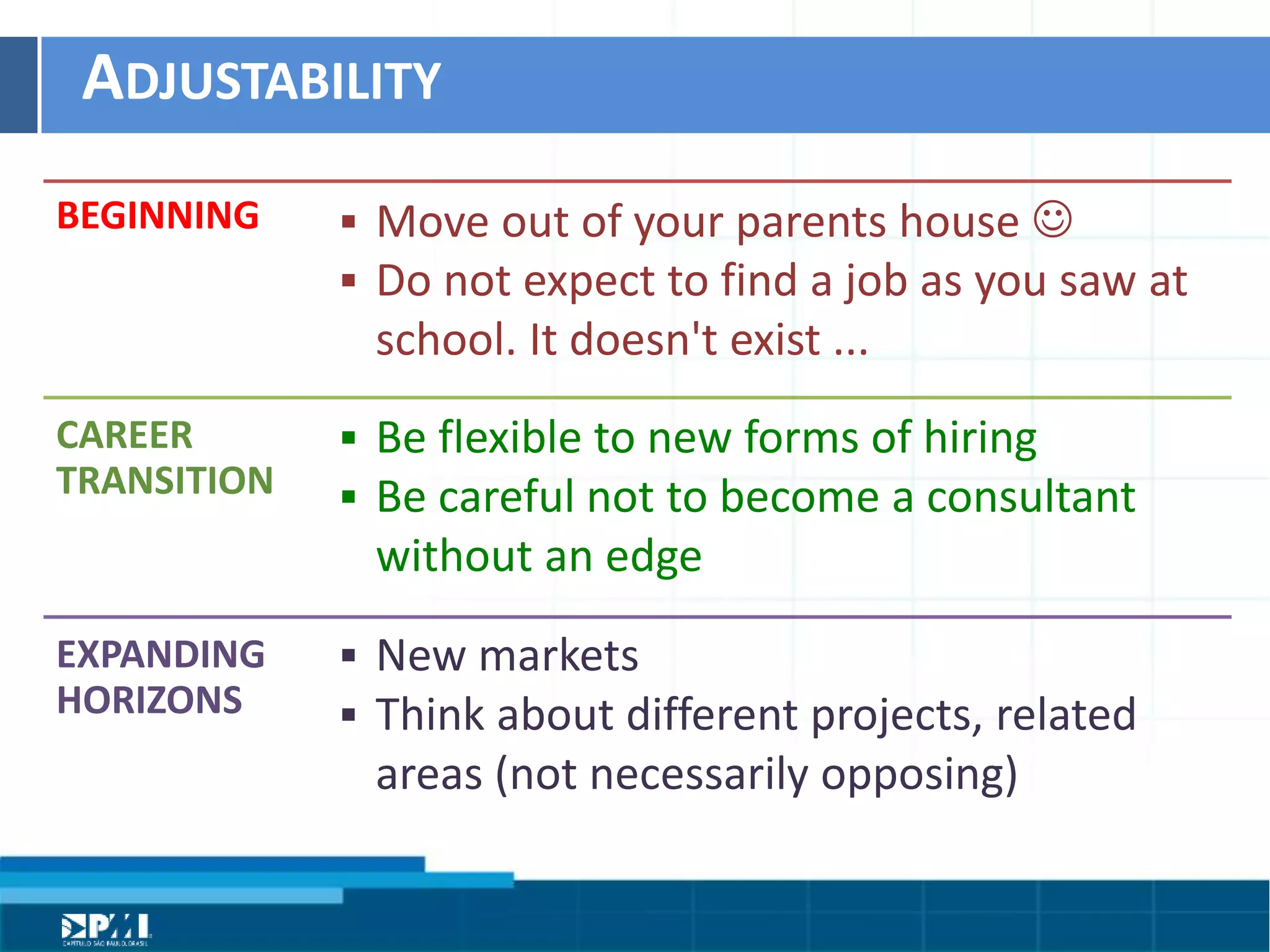 Título do Slide
Máximo de 2 linhas
ADJUSTABILITY	
  
BEGINNING	
  
CAREER	
  
TRANSITION	
  
EXPANDING	
  
HORIZONS	
  
§  Move	
  out	
  of	
  your	
  parents	
  house	
  J	
  
§  Do	
  not	
  expect	
  to	
  ﬁnd	
  a	
  job	
  as	
  you	
  saw	
  at	
  
school.	
  It	
  doesn't	
  exist	
  ...	
  
§  Be	
  ﬂexible	
  to	
  new	
  forms	
  of	
  hiring	
  
§  Be	
  careful	
  not	
  to	
  become	
  a	
  consultant	
  
without	
  an	
  edge	
  
§  New	
  markets	
  
§  Think	
  about	
  diﬀerent	
  projects,	
  related	
  
areas	
  (not	
  necessarily	
  opposing)	
  	
  
 
