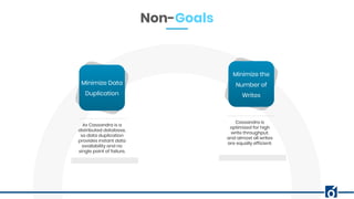 Non-Goals
Minimize Data
Duplication
Minimize the
Number of
Writes
As Cassandra is a
distributed database,
so data duplication
provides instant data
availability and no
single point of failure.
Cassandra is
optimized for high
write throughput,
and almost all writes
are equally efficient.
 