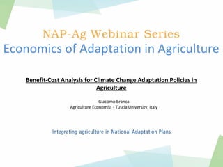 Economics of Adaptation in Agriculture
Benefit-Cost Analysis for Climate Change Adaptation Policies in
Agriculture
Giacomo Branca
Agriculture Economist - Tuscia University, Italy
 