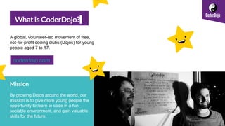 A global, volunteer-led movement of free,
not-for-profit coding clubs (Dojos) for young
people aged 7 to 17.
What is Coder...