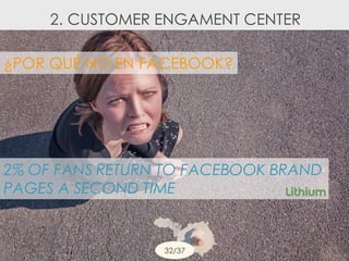 2% OF FANS RETURN TO FACEBOOK BRAND
PAGES A SECOND TIME
32/37
¿POR QUÉ NO EN FACEBOOK?
2. CUSTOMER ENGAMENT CENTER
 