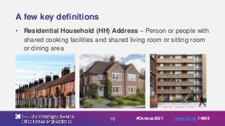10
A few key definitions
• Residential Household (HH) Address – Person or people with
shared cooking facilities and shared living room or sitting room
or dining area
#Census2021 www.sli.do 14856
 