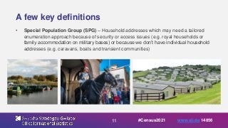 11
A few key definitions
• Special Population Group (SPG) – Household addresses which may need a tailored
enumeration approach because of security or access issues (e.g. royal households or
family accommodation on military bases) or because we don’t have individual household
addresses (e.g. caravans, boats and transient communities)
#Census2021 www.sli.do 14856
 