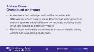 28
Address Frame
Overcount on frame
• Addresses which no longer exist will be undeliverable
• ONS will use admin data (such as Council Tax) in the process of
evaluating where addresses have not returned, including those
which are flagged as potentially vacant
• Field officers will identify addresses as vacant or derelict during
visits to non-responding households
#Census2021 www.sli.do 14856
 