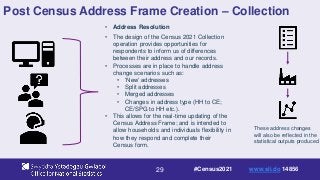 29
Post Census Address Frame Creation – Collection
• Address Resolution
• The design of the Census 2021 Collection
operation provides opportunities for
respondents to inform us of differences
between their address and our records.
• Processes are in place to handle address
change scenarios such as:
• ‘New’ addresses
• Split addresses
• Merged addresses
• Changes in address type (HH to CE;
CE/SPG to HH etc.).
• This allows for the real-time updating of the
Census Address Frame; and is intended to
allow households and individuals flexibility in
how they respond and complete their
Census form.
These address changes
will also be reflected in the
statistical outputs produced
#Census2021 www.sli.do 14856
 