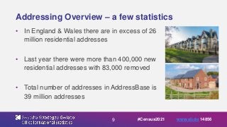 9
Addressing Overview – a few statistics
• In England & Wales there are in excess of 26
million residential addresses
• Last year there were more than 400,000 new
residential addresses with 83,000 removed
• Total number of addresses in AddressBase is
39 million addresses
#Census2021 www.sli.do 14856
 