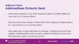 16
Address Frame
AddressBase Extracts Used
• Initial extract based on July 2020 snapshot (epoch) of AddressBase for
main p...