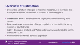 11
Overview of Estimation
• Even with a variety of strategies to maximise response, it is inevitable that
some people will not be counted, or counted in the wrong place
• Undercount error – a member of the target population is missing from
census
• Overcount error – a member of target population is counted in the wrong
location or counted twice
• In 2011 Census of England and Wales undercount was estimated to be 6%,
overcount – 0.6%
• Non-uniformly distributed across a population
#Census2021 www.sli.do 61866
 