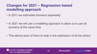 25
Changes for 2021 – Regression based
modelling approach
• In 2011 we estimated domains separately
• In 2021 we will use a modelling approach to allow us to use all
domains at the same time
• This allows each of them to help in the estimation of all the others
#Census2021 www.sli.do 61866
 