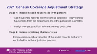 36
2021 Census Coverage Adjustment Strategy
Stage 1: Impute missed households (with persons)
• Add household records into the census database – copy census
households from the database to meet the population estimates.
• Assign new geographical information (e.g. postcode)
Stage 2: Impute remaining characteristics
• Impute characteristics variables of the added records that aren’t
controlled for in the adjustment process.
#Census2021 www.sli.do 61866
 