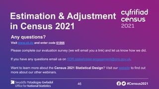 46
Estimation & Adjustment
in Census 2021
Any questions?
Visit www.sli.do and enter code 61866
Please complete our evaluation survey (we will email you a link) and let us know how we did.
If you have any questions email us on SDR.stakeholder.engagement@ons.gov.uk.
Want to learn more about the Census 2021 Statistical Design? Visit our website to find out
more about our other webinars.
#Census2021
 