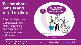 10
Tell me about
Census and
why it matters
Aim: Highlight how
Census 2021 will
inform public life
and help ensure
communities are
well served
#Census2021 www.sli.do 10431
 