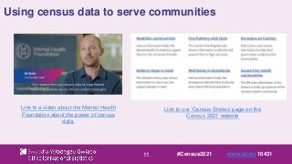 11
Using census data to serve communities
Link to a video about the Mental Health
Foundation about the power of census
data.
Link to our ‘Census Stories’ page on the
Census 2021 website
#Census2021 www.sli.do 10431
 