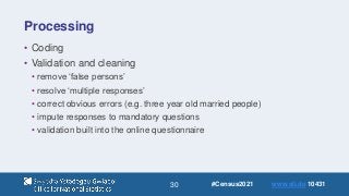 30
Processing
• Coding
• Validation and cleaning
• remove ‘false persons’
• resolve ‘multiple responses’
• correct obvious errors (e.g. three year old married people)
• impute responses to mandatory questions
• validation built into the online questionnaire
#Census2021 www.sli.do 10431
 
