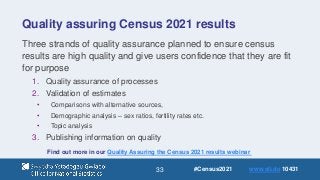 33
Quality assuring Census 2021 results
Three strands of quality assurance planned to ensure census
results are high quality and give users confidence that they are fit
for purpose
1. Quality assurance of processes
2. Validation of estimates
• Comparisons with alternative sources,
• Demographic analysis – sex ratios, fertility rates etc.
• Topic analysis
3. Publishing information on quality
Find out more in our Quality Assuring the Census 2021 results webinar
#Census2021 www.sli.do 10431
 