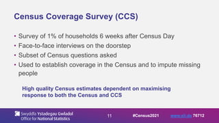 11
Census Coverage Survey (CCS)
• Survey of 1% of households 6 weeks after Census Day
• Face-to-face interviews on the doorstep
• Subset of Census questions asked
• Used to establish coverage in the Census and to impute missing
people
High quality Census estimates dependent on maximising
response to both the Census and CCS
#Census2021 www.sli.do 76712
 