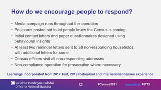 12
How do we encourage people to respond?
• Media campaign runs throughout the operation
• Postcards posted out to let people know the Census is coming
• Initial contact letters and paper questionnaires designed using
behavioural insights
• At least two reminder letters sent to all non-responding households,
with additional letters for some
• Census officers visit all non-responding addresses
• Non-compliance operation for prosecution where necessary
Learnings incorporated from 2017 Test, 2019 Rehearsal and International census experience
#Census2021 www.sli.do 76712
 