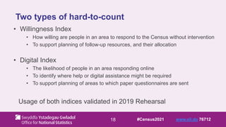 18
Two types of hard-to-count
• Willingness Index
• How willing are people in an area to respond to the Census without intervention
• To support planning of follow-up resources, and their allocation
• Digital Index
• The likelihood of people in an area responding online
• To identify where help or digital assistance might be required
• To support planning of areas to which paper questionnaires are sent
Usage of both indices validated in 2019 Rehearsal
#Census2021 www.sli.do 76712
 