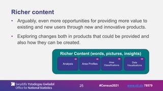 25
Richer content
• Arguably, even more opportunities for providing more value to
existing and new users through new and innovative products.
• Exploring changes both in products that could be provided and
also how they can be created.
Richer Content (words, pictures, insights)
Analysis Area Profiles
Area
Classifications
Data
Visualisations
#Census2021 www.sli.do 78579
 