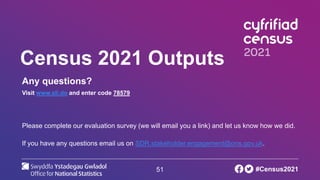 51
Census 2021 Outputs
Any questions?
Visit www.sli.do and enter code 78579
Please complete our evaluation survey (we will email you a link) and let us know how we did.
If you have any questions email us on SDR.stakeholder.engagement@ons.gov.uk.
#Census2021
 