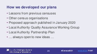 25
How we developed our plans
• Lessons from previous censuses
• Other census organisations
• Proposed approach published in January 2020
• Local Authority Quality Assurance Working Group
• Local Authority Partnership Plan
• … always open to new ideas …
#Census2021 www.sli.do 71547
 